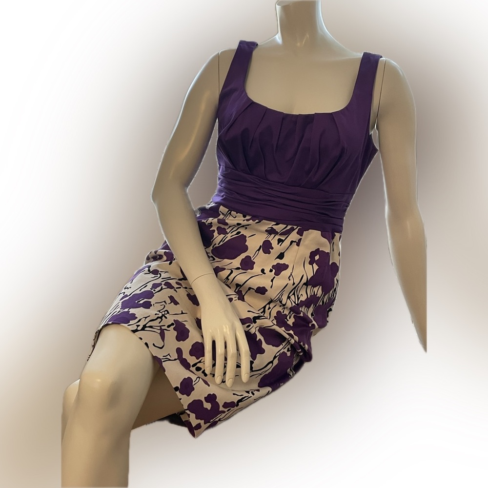 JONE’S NEW YORK Dress, Empire Waist, Pin-Up Style, Amethyst, Cream Floral Motif.